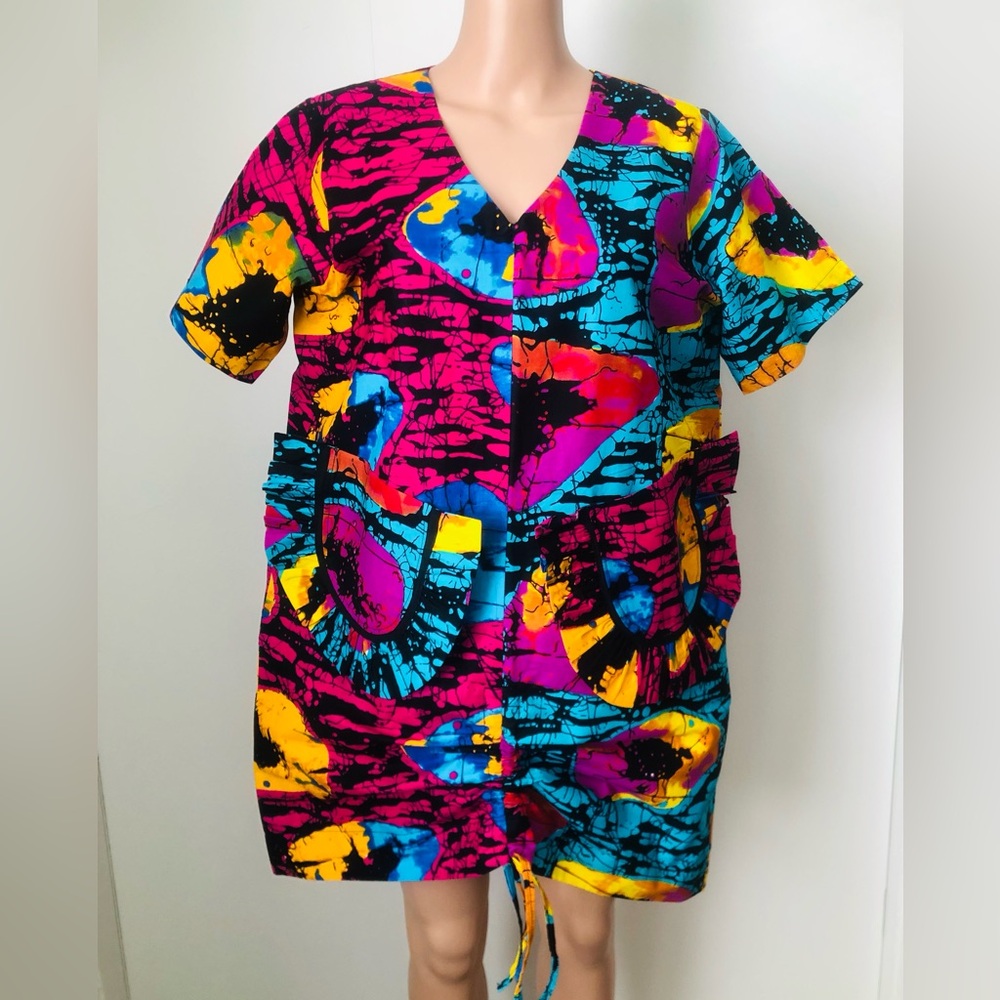 Vibrant Multicolor Abstract Print Dress with front pockets